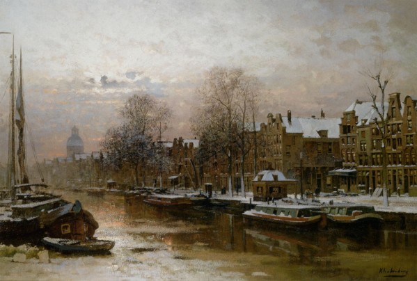 Snow covered barges by Johannes Klinkenberg
